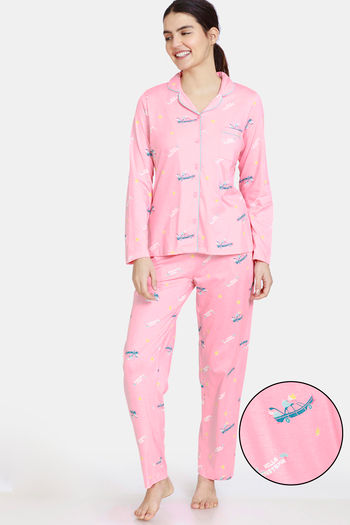 Buy Zivame Autumn Leaves Knit Cotton Pyjama Set - Pink Ice
